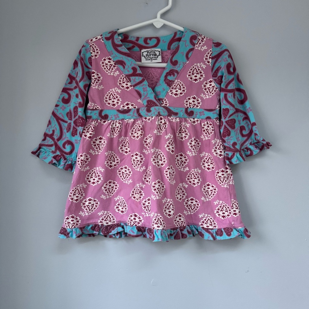 Flit & Flitter Girls 4T Pink & Blue Paisley Ruffle Tunic Top Cotton Boho Peasant